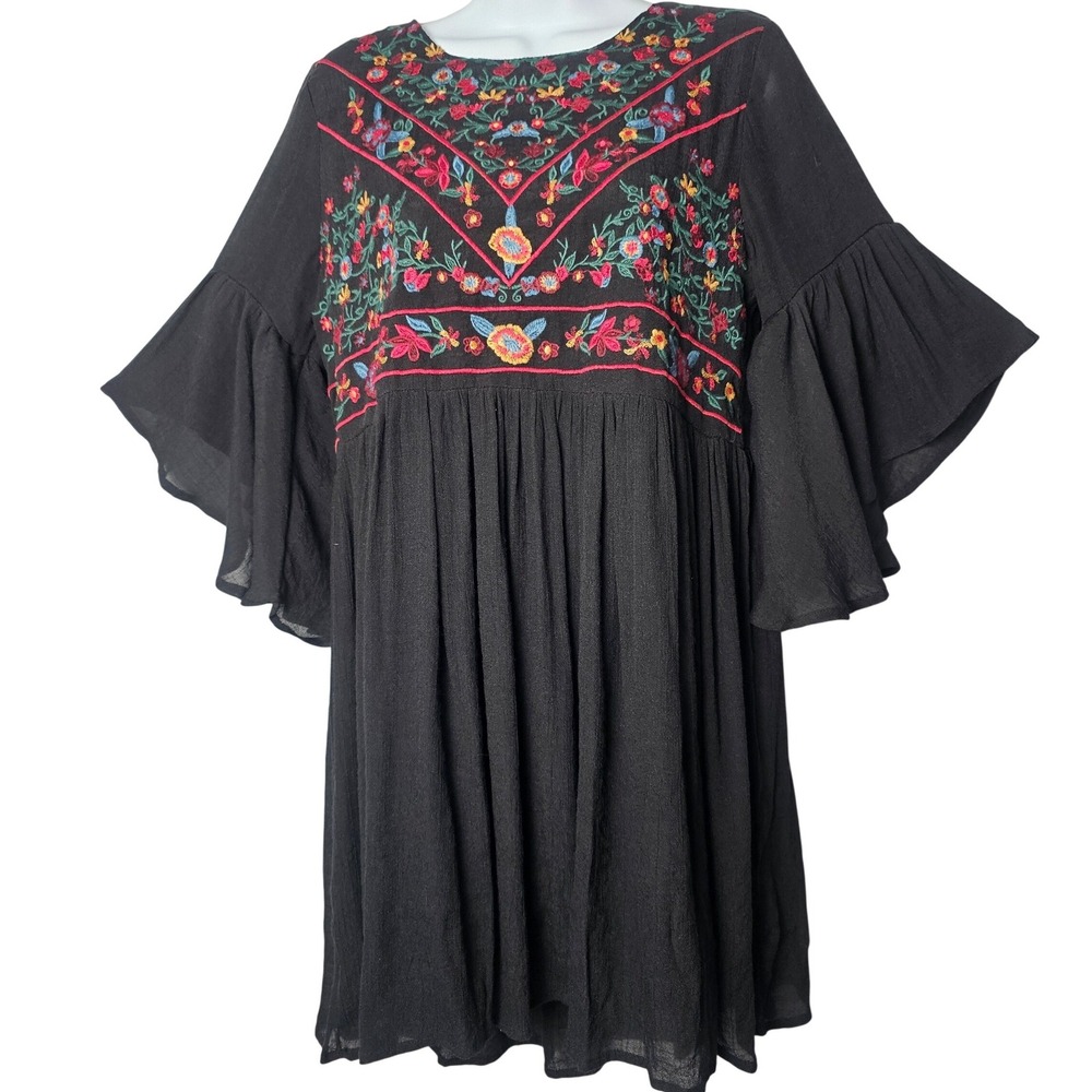 Umgee Black Colorful Floral Embroidered Bell Sleeve Babydoll Mini Dress Boho S